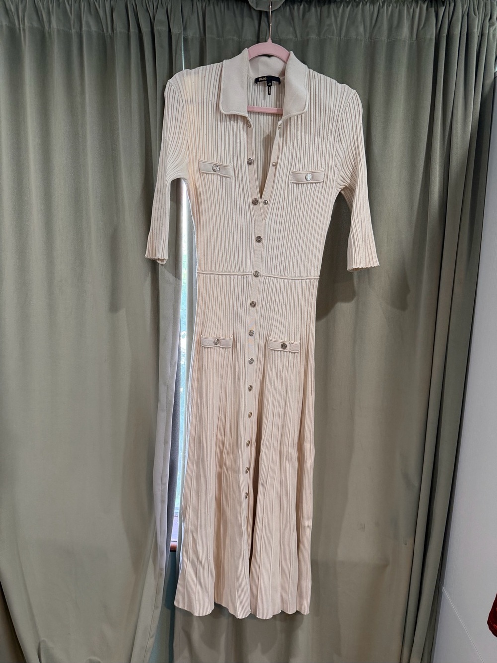 Maje Cream Ribbed Button-Front Maxi Dress
